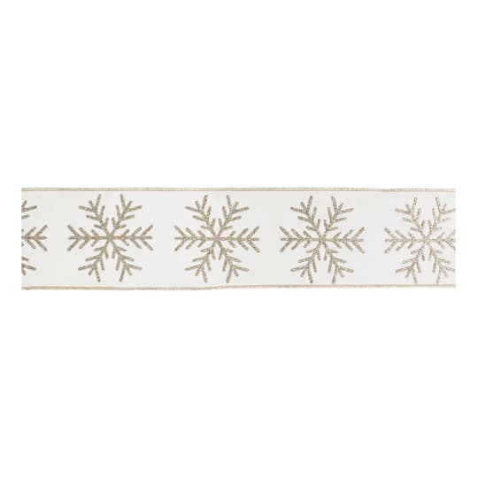 Melrose 4" x 5yd. White & Gold Snowflake Wired Ribbon